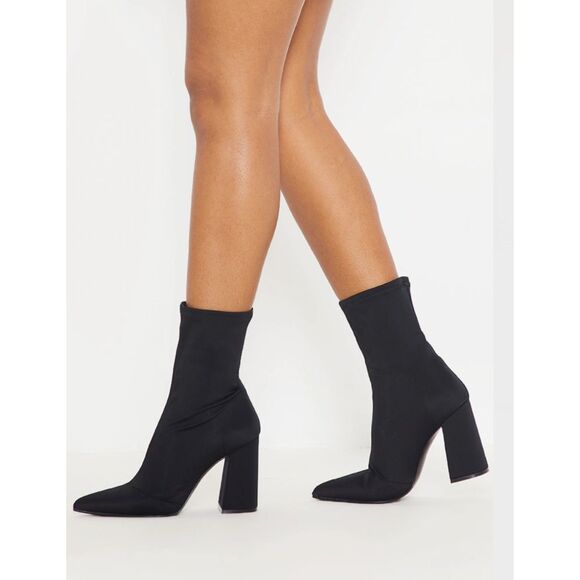 Prettylittlething New PLT Black Sock Slim Block High Heel Ankle Boots US 8 - Picture 1 of 9
